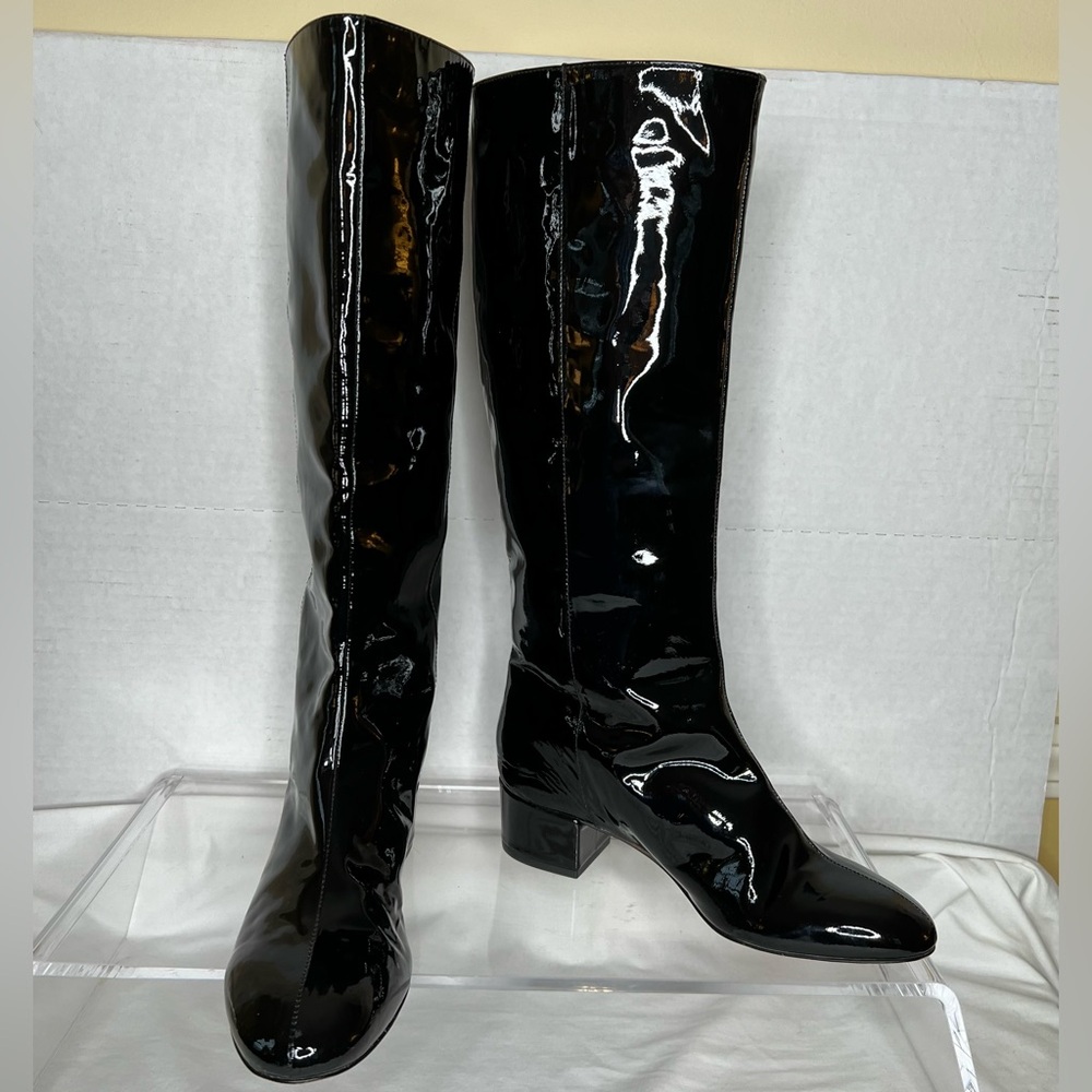 J Crew Black Patent Leather Knee High Boots, Sz 9, new w/ flaws